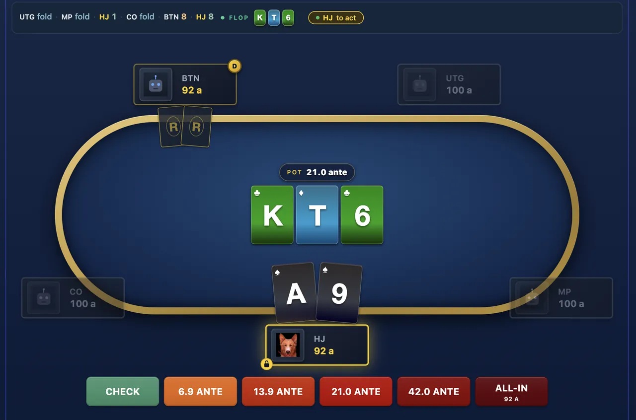 The GTO Trainer at a Short Deck flop: the hijack holds two cards on a three-card board, with Check, four bet sizes and All-in as buttons.