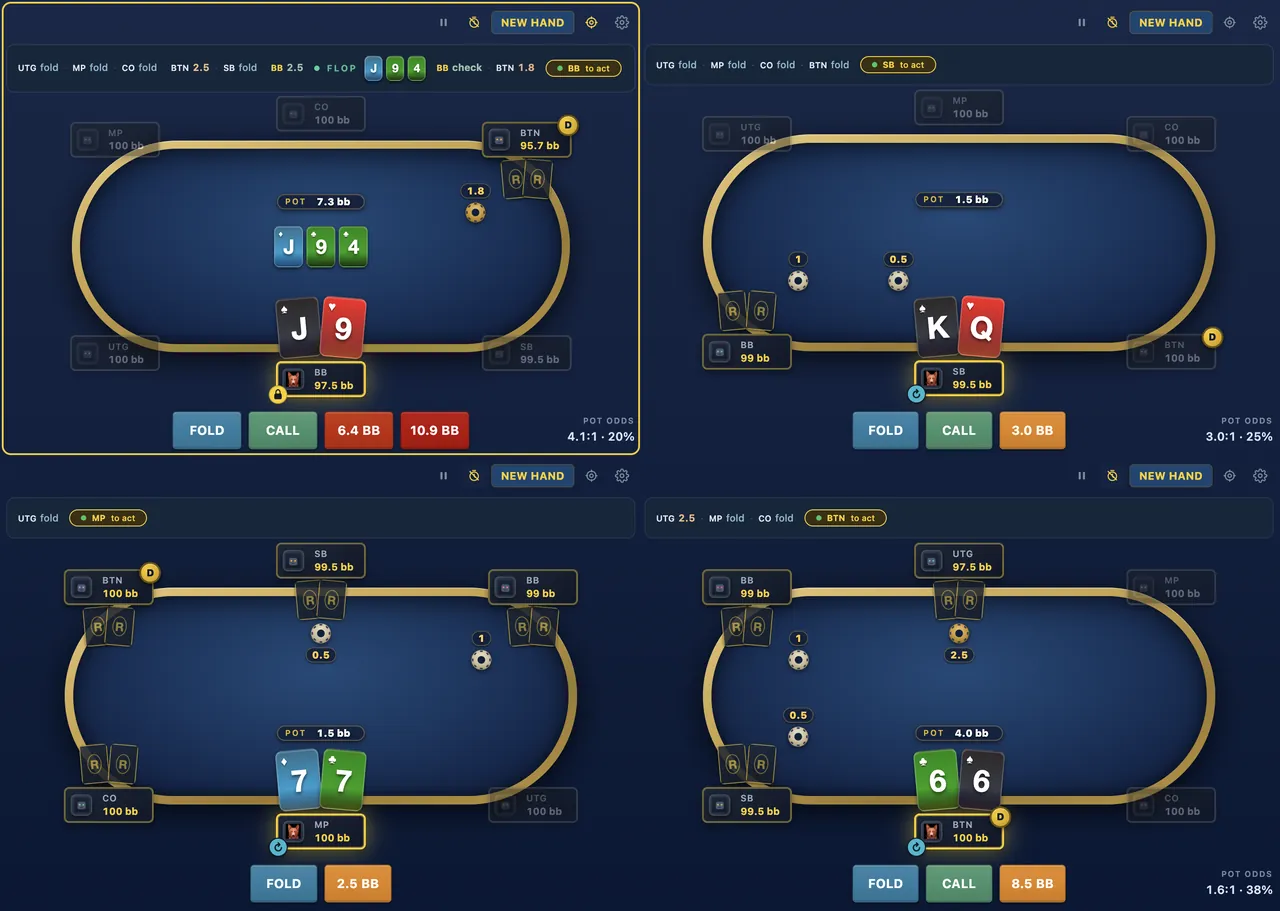 The RangeConverter GTO Trainer with four Hold’em 6-max tables on screen, each waiting for the next decision, with fold, call and raise buttons under each table.